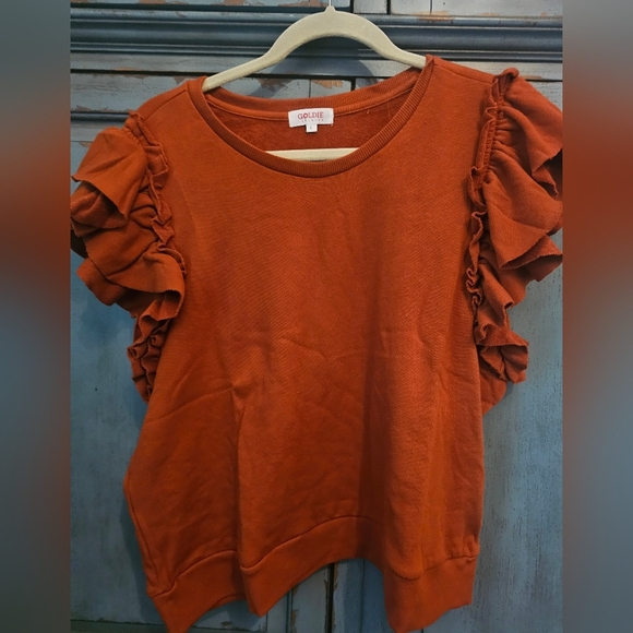 Goldie New Flutter Sleeve Cotton Sweatshirt Size Large Burnt Orange - Picture 2 of 5